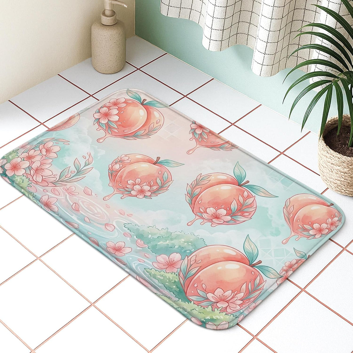 Peach Blossom Quick Dry Bath Mat, Floral Pastel Design Absorbent Non Slip Shower Mat, Spring Decorative Flannel Washable Bath Rugs for Bathroom Toilet Restroom 20x32 Inch