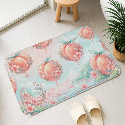 Peach Blossom Quick Dry Bath Mat, Floral Pastel Design Absorbent Non Slip Shower Mat, Spring Decorative Flannel Washable Bath Rugs for Bathroom Toilet Restroom 20x32 Inch