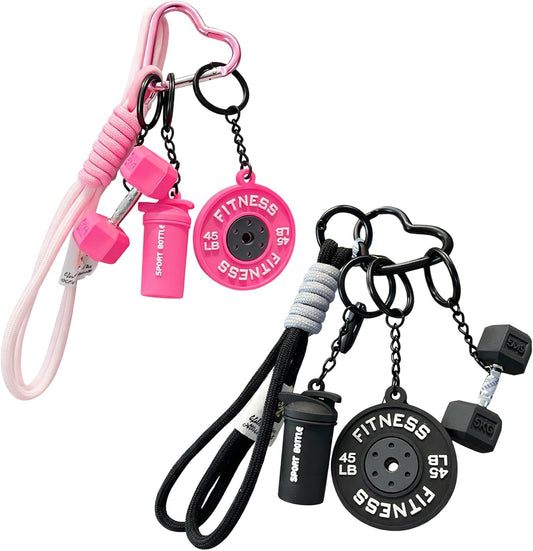 Fitness Keychain Set with 2 Barbell Charms,Gym Keychain for Women,Black and Pink PVC Keychain Accessories for Gym Bags and Personal Items, Ideal for Fitness Enthusiasts and Gift Giving
