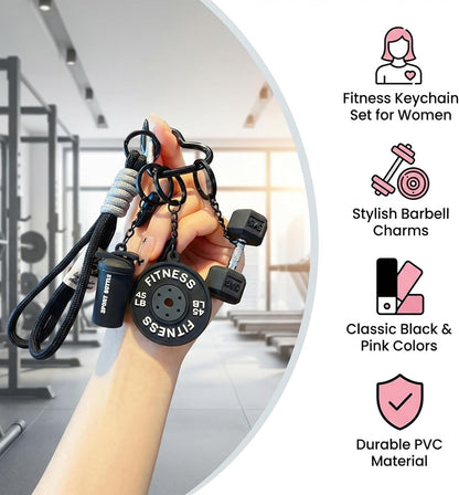 Fitness Keychain Set with 2 Barbell Charms,Gym Keychain for Women,Black and Pink PVC Keychain Accessories for Gym Bags and Personal Items, Ideal for Fitness Enthusiasts and Gift Giving