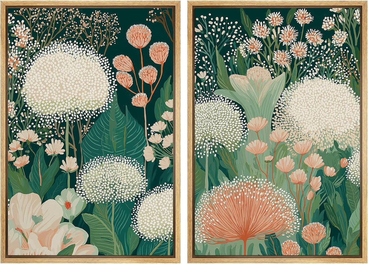 Framed Canvas Print Wall Art Set Botanical Floral Green Garden Flowers with White and Peach Blooms Illustrations Modern Art Decorative Zen for Living Room, Bedroom, Office - 24"x36"x2 Natural