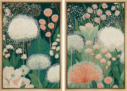 Framed Canvas Print Wall Art Set Botanical Floral Green Garden Flowers with White and Peach Blooms Illustrations Modern Art Decorative Zen for Living Room, Bedroom, Office - 24"x36"x2 Natural