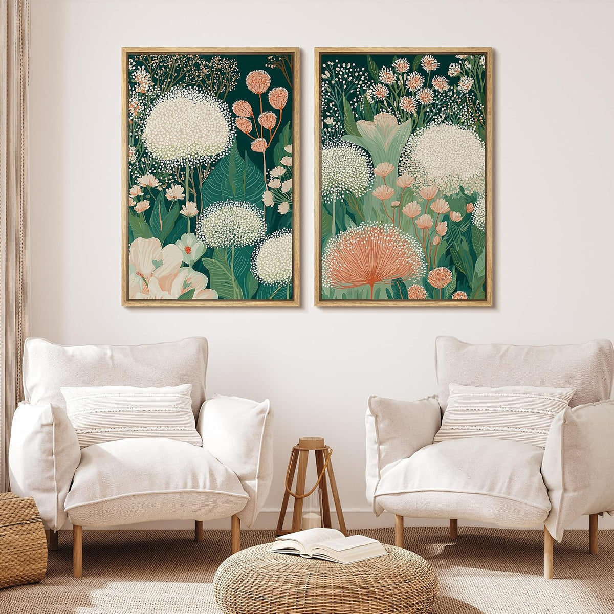 Framed Canvas Print Wall Art Set Botanical Floral Green Garden Flowers with White and Peach Blooms Illustrations Modern Art Decorative Zen for Living Room, Bedroom, Office - 24"x36"x2 Natural