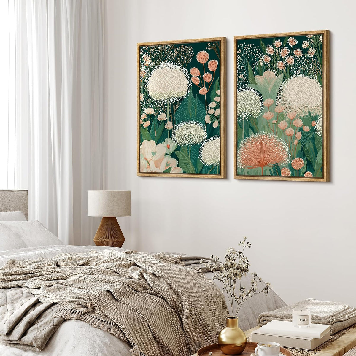 Framed Canvas Print Wall Art Set Botanical Floral Green Garden Flowers with White and Peach Blooms Illustrations Modern Art Decorative Zen for Living Room, Bedroom, Office - 24"x36"x2 Natural