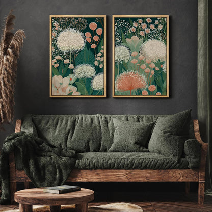 Framed Canvas Print Wall Art Set Botanical Floral Green Garden Flowers with White and Peach Blooms Illustrations Modern Art Decorative Zen for Living Room, Bedroom, Office - 24"x36"x2 Natural