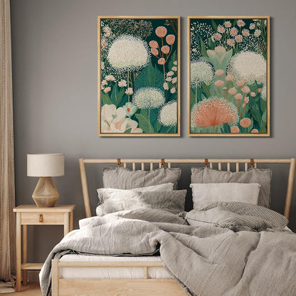 Framed Canvas Print Wall Art Set Botanical Floral Green Garden Flowers with White and Peach Blooms Illustrations Modern Art Decorative Zen for Living Room, Bedroom, Office - 24"x36"x2 Natural