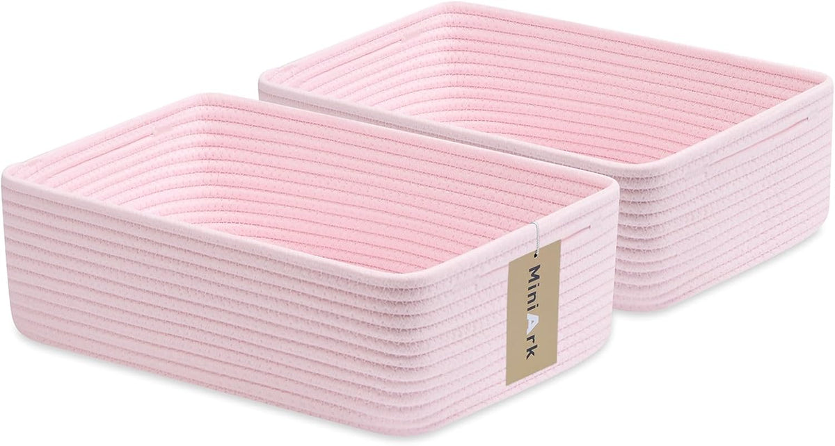 MiniArk Large Shallow Organizing Baskets 15x11x5.1 Inches - Rope Woven Storage Bins for Bathroom, Shelves, Cube Closet, Light Pink 2 Packs