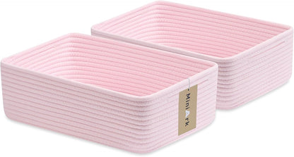 MiniArk Large Shallow Organizing Baskets 15x11x5.1 Inches - Rope Woven Storage Bins for Bathroom, Shelves, Cube Closet, Light Pink 2 Packs