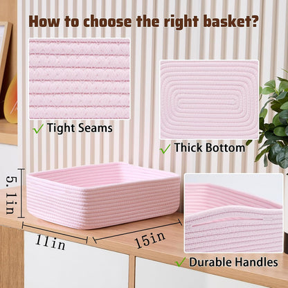 MiniArk Large Shallow Organizing Baskets 15x11x5.1 Inches - Rope Woven Storage Bins for Bathroom, Shelves, Cube Closet, Light Pink 2 Packs