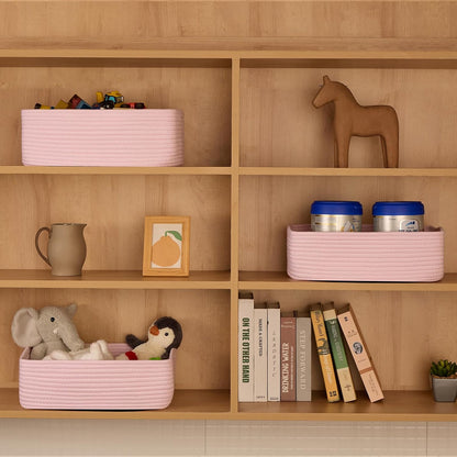 MiniArk Large Shallow Organizing Baskets 15x11x5.1 Inches - Rope Woven Storage Bins for Bathroom, Shelves, Cube Closet, Light Pink 2 Packs