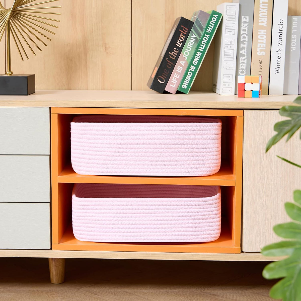 MiniArk Large Shallow Organizing Baskets 15x11x5.1 Inches - Rope Woven Storage Bins for Bathroom, Shelves, Cube Closet, Light Pink 2 Packs