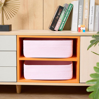 MiniArk Large Shallow Organizing Baskets 15x11x5.1 Inches - Rope Woven Storage Bins for Bathroom, Shelves, Cube Closet, Light Pink 2 Packs