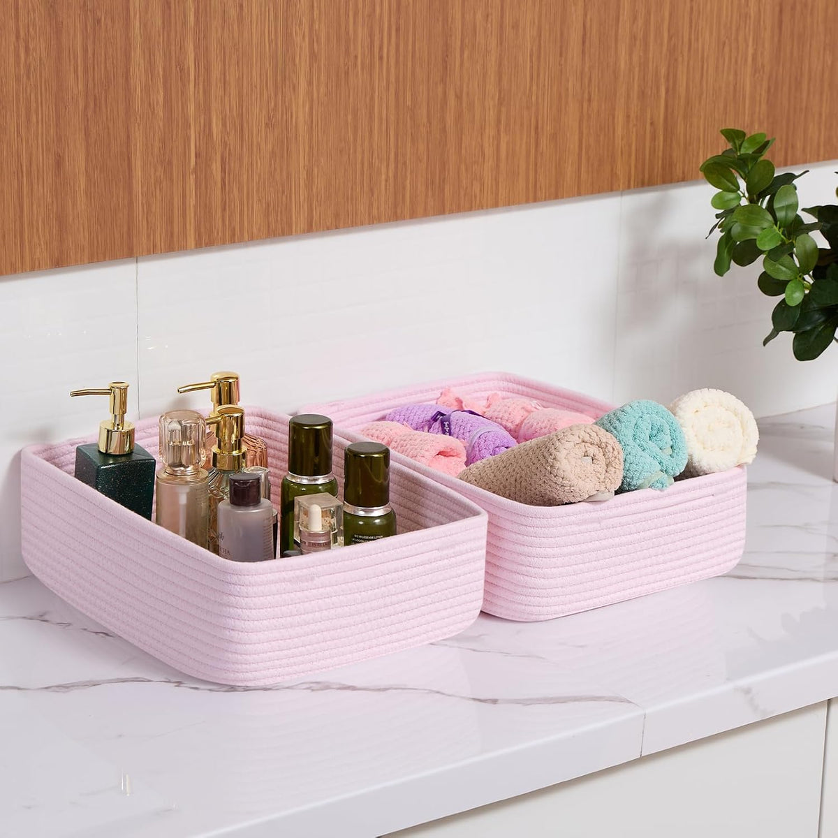 MiniArk Large Shallow Organizing Baskets 15x11x5.1 Inches - Rope Woven Storage Bins for Bathroom, Shelves, Cube Closet, Light Pink 2 Packs