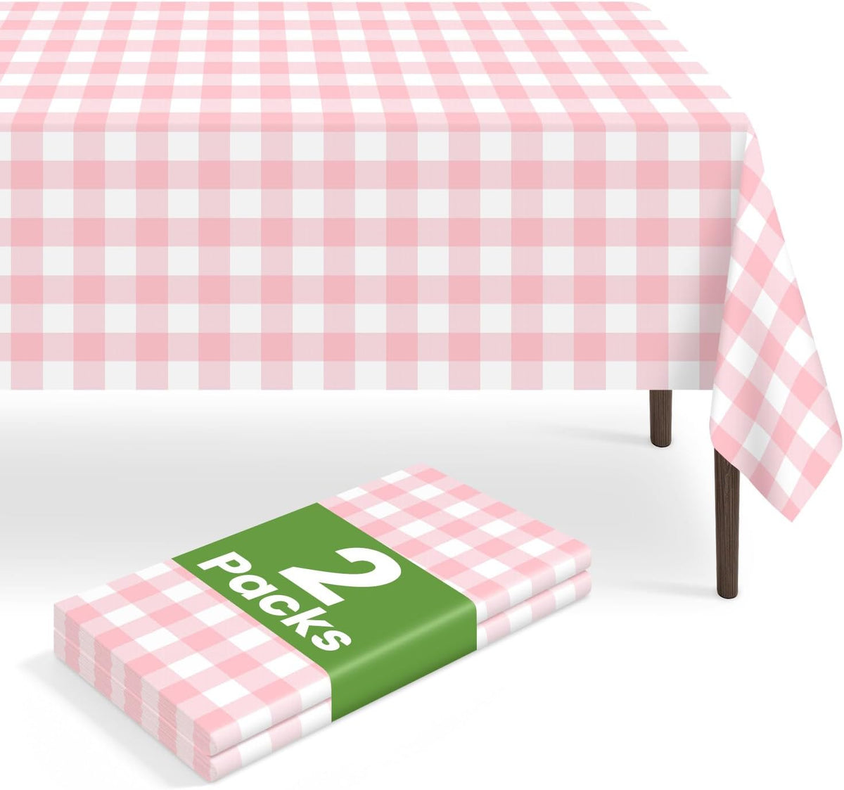 2 Pack Pink and White Checkered Tablecloth, Pink Plastic Table Cloths for Parties Disposable, 54x108 in Waterproof Rectangular Pink Gingham Camping Tablecloth for Birthday, Party, Baby Shower