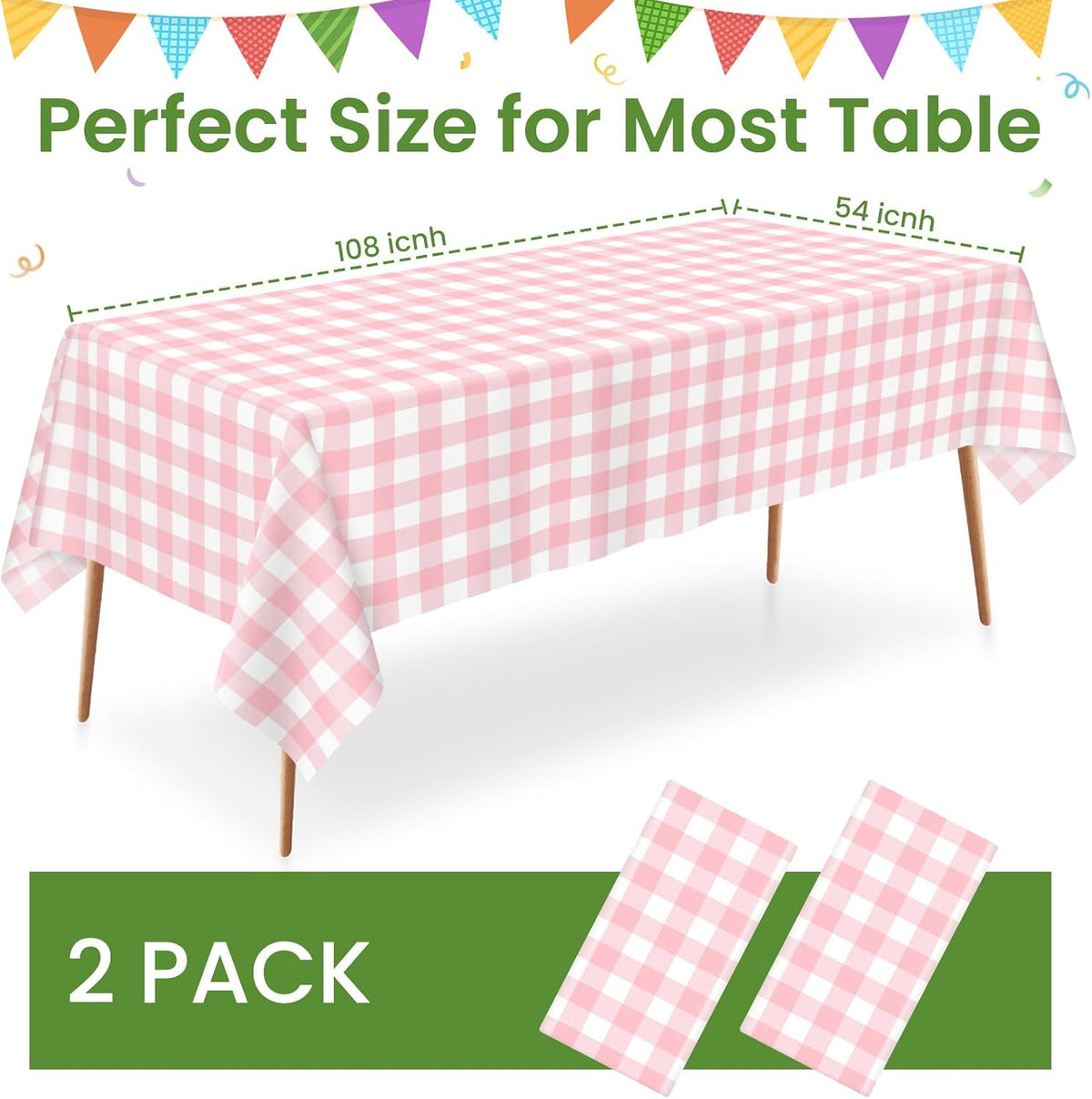 2 Pack Pink and White Checkered Tablecloth, Pink Plastic Table Cloths for Parties Disposable, 54x108 in Waterproof Rectangular Pink Gingham Camping Tablecloth for Birthday, Party, Baby Shower