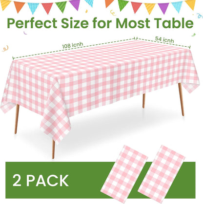2 Pack Pink and White Checkered Tablecloth, Pink Plastic Table Cloths for Parties Disposable, 54x108 in Waterproof Rectangular Pink Gingham Camping Tablecloth for Birthday, Party, Baby Shower