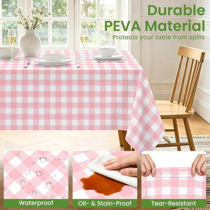 2 Pack Pink and White Checkered Tablecloth, Pink Plastic Table Cloths for Parties Disposable, 54x108 in Waterproof Rectangular Pink Gingham Camping Tablecloth for Birthday, Party, Baby Shower
