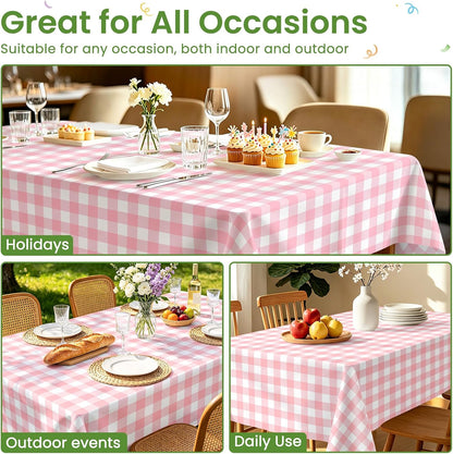 2 Pack Pink and White Checkered Tablecloth, Pink Plastic Table Cloths for Parties Disposable, 54x108 in Waterproof Rectangular Pink Gingham Camping Tablecloth for Birthday, Party, Baby Shower