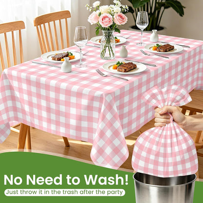 2 Pack Pink and White Checkered Tablecloth, Pink Plastic Table Cloths for Parties Disposable, 54x108 in Waterproof Rectangular Pink Gingham Camping Tablecloth for Birthday, Party, Baby Shower