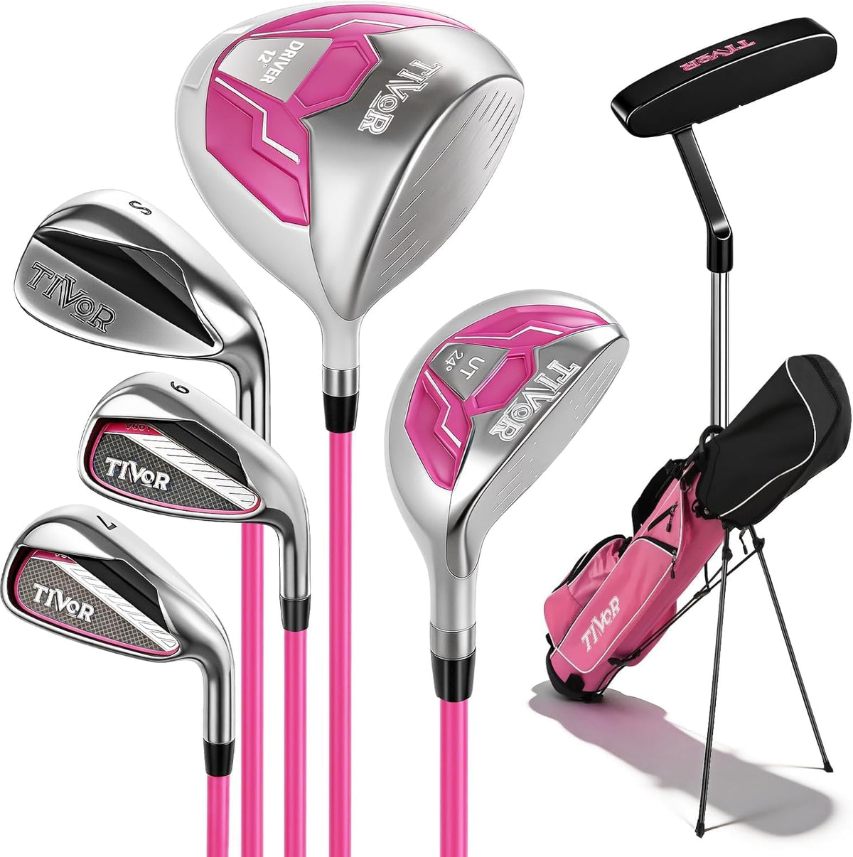 Golf Clubs for Men Women Right Left Handed 7-Piece Complete Set with Driver Hybrid 7 Iron 9 Iron Sand Wedge Putter Stand Bag - Beginner Mens Womens Golf Set Pink Purple Gray Black/Red