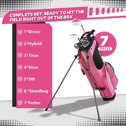 Golf Clubs for Men Women Right Left Handed 7-Piece Complete Set with Driver Hybrid 7 Iron 9 Iron Sand Wedge Putter Stand Bag - Beginner Mens Womens Golf Set Pink Purple Gray Black/Red
