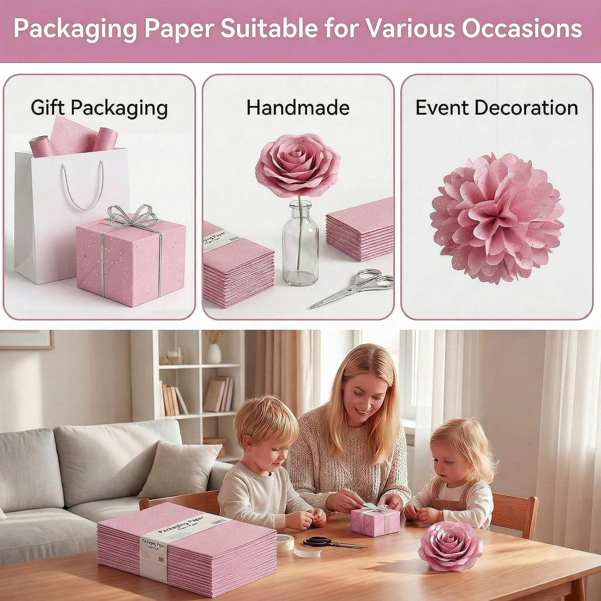 Pink Glitter Tissue Paper for Gift Bags 25 Sheets-20 x 20 Inch, Recyclable Gift Wrap Tissues for Decorating, Weddings, Birthdays, Party & Festival Decorations DIY Craft Supplies