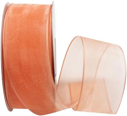 Sheer Organza Wired Ribbon - Wire Edged Ribbon for Floral Decor, Table Arrangements, Apparel Embellishment & More - 1-1/2" Peach 25yd Spool