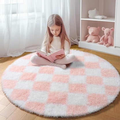 Pink Round Rugs 5ft for Girls Bedroom, Fluffy Soft Checkered Circle Area Rug Cute Fuzzy Shag Shaggy Living Room Carpet, Indoor Plush Circular Rug for Kids Room Nursery Home Decor Aesthetic