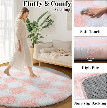 Pink Round Rugs 5ft for Girls Bedroom, Fluffy Soft Checkered Circle Area Rug Cute Fuzzy Shag Shaggy Living Room Carpet, Indoor Plush Circular Rug for Kids Room Nursery Home Decor Aesthetic