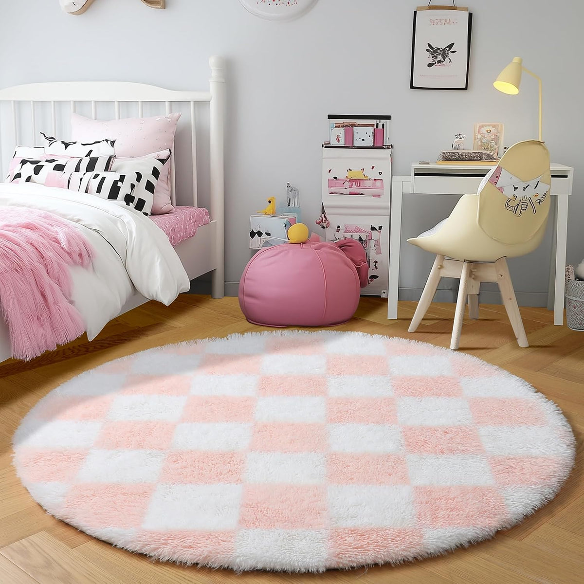 Pink Round Rugs 5ft for Girls Bedroom, Fluffy Soft Checkered Circle Area Rug Cute Fuzzy Shag Shaggy Living Room Carpet, Indoor Plush Circular Rug for Kids Room Nursery Home Decor Aesthetic