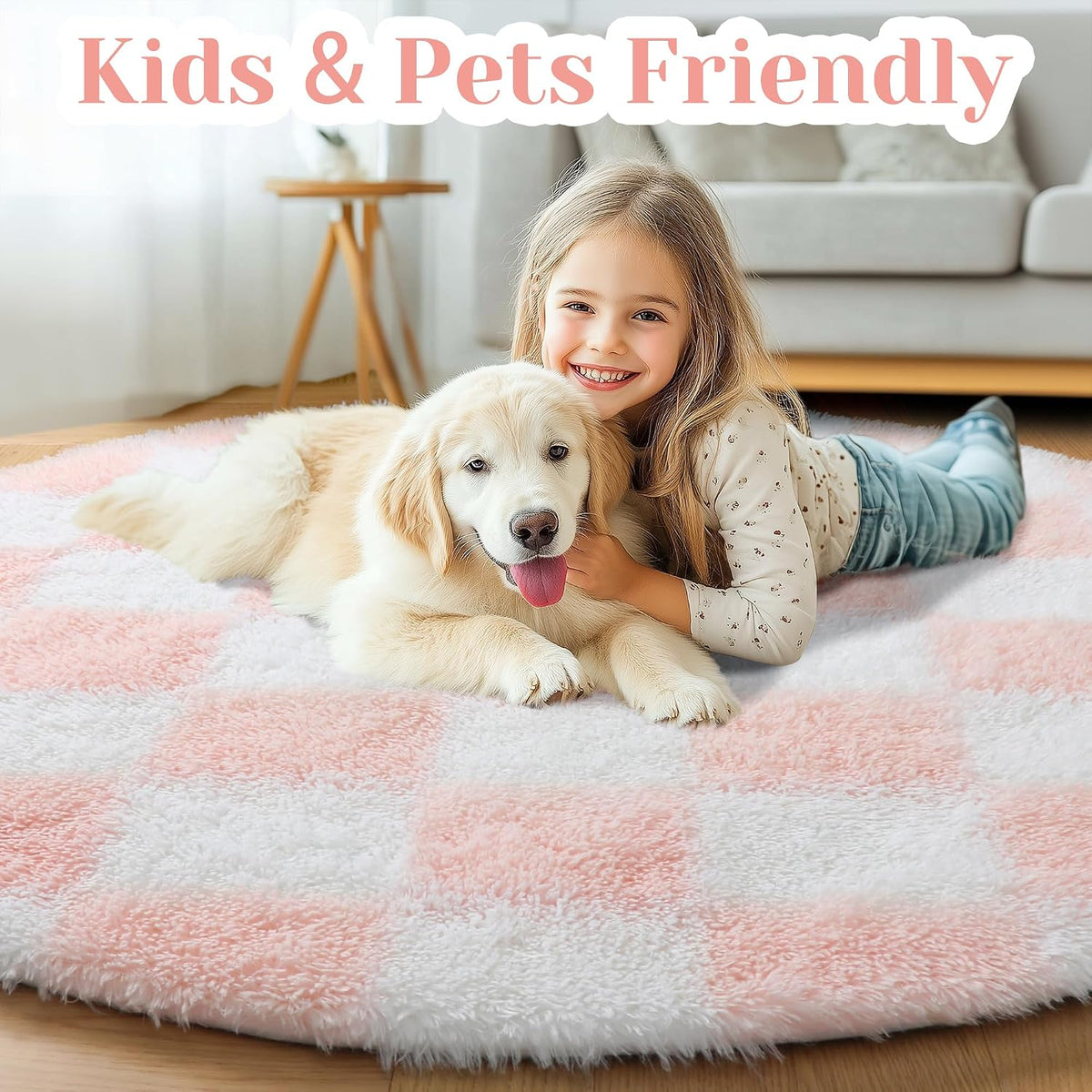Pink Round Rugs 5ft for Girls Bedroom, Fluffy Soft Checkered Circle Area Rug Cute Fuzzy Shag Shaggy Living Room Carpet, Indoor Plush Circular Rug for Kids Room Nursery Home Decor Aesthetic