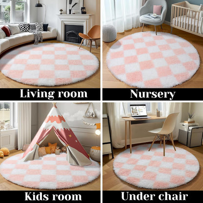 Pink Round Rugs 5ft for Girls Bedroom, Fluffy Soft Checkered Circle Area Rug Cute Fuzzy Shag Shaggy Living Room Carpet, Indoor Plush Circular Rug for Kids Room Nursery Home Decor Aesthetic