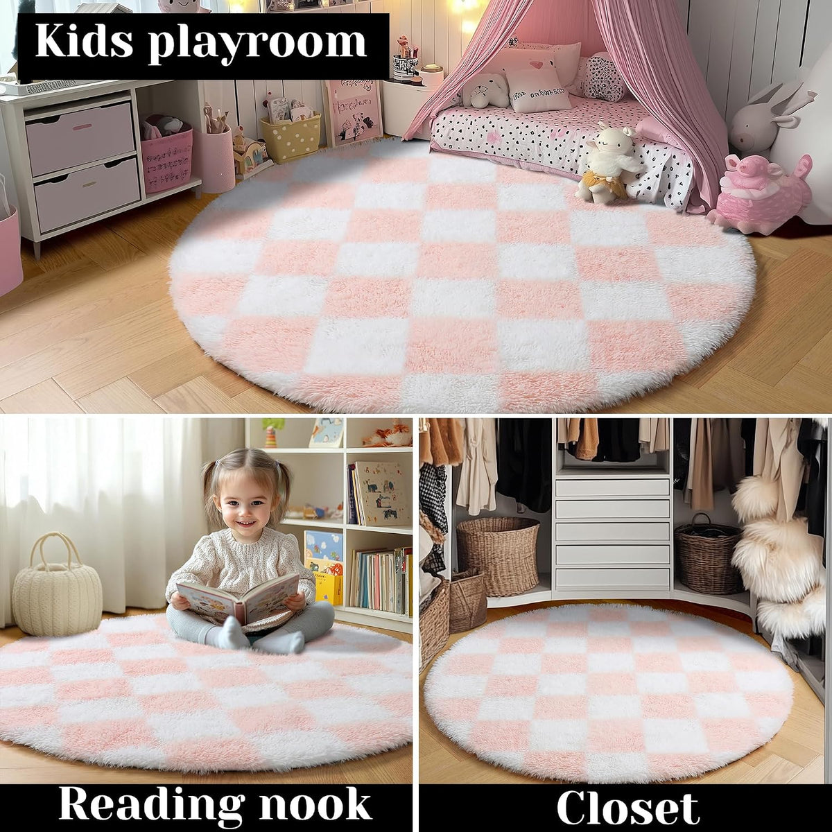 Pink Round Rugs 5ft for Girls Bedroom, Fluffy Soft Checkered Circle Area Rug Cute Fuzzy Shag Shaggy Living Room Carpet, Indoor Plush Circular Rug for Kids Room Nursery Home Decor Aesthetic