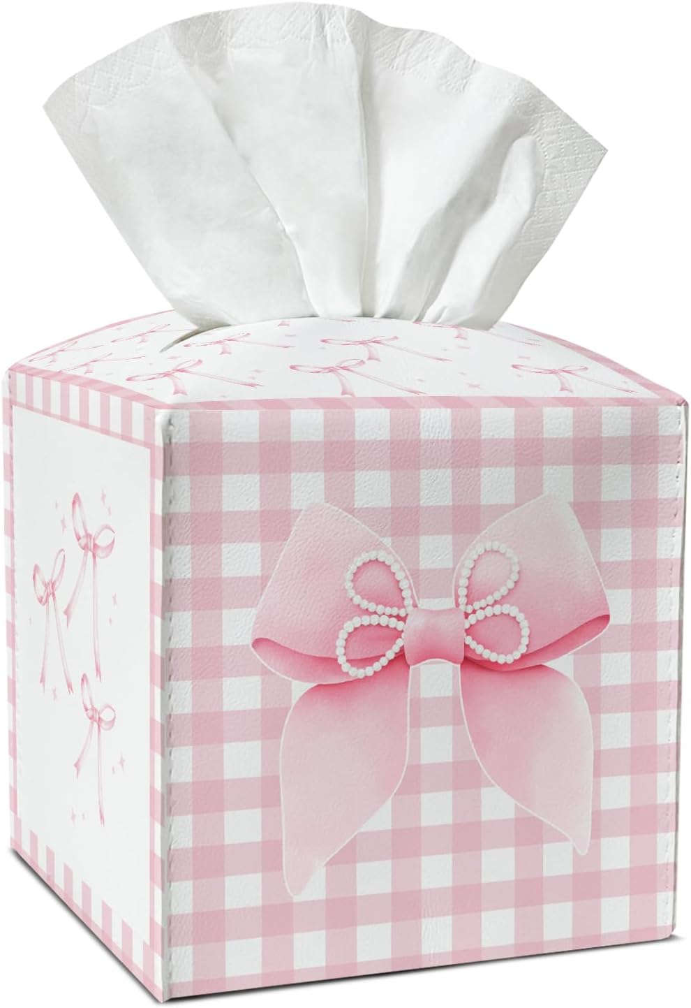 Pink Bow Tissue Box Covers Square, Pink and White Checkered Leather Tissue Box Holders Decorative for Car Nightstand Home Office Bathroom Organizer, Square Facial Paper Organizer Home Decor -018