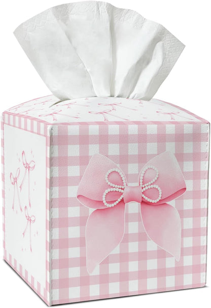 Pink Bow Tissue Box Covers Square, Pink and White Checkered Leather Tissue Box Holders Decorative for Car Nightstand Home Office Bathroom Organizer, Square Facial Paper Organizer Home Decor -018