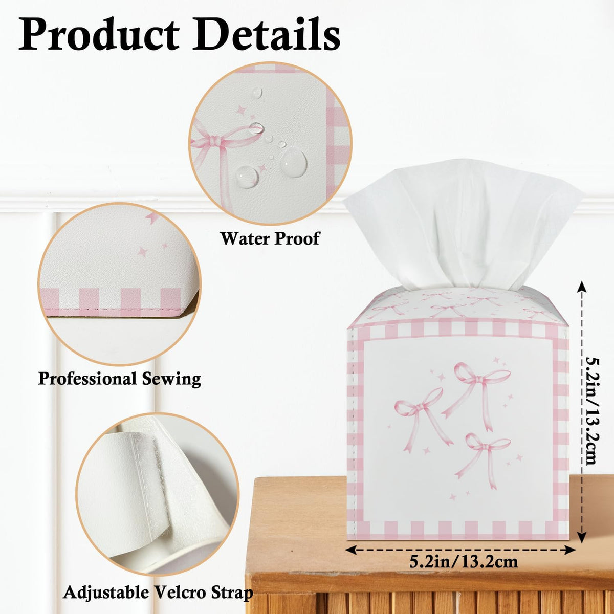 Pink Bow Tissue Box Covers Square, Pink and White Checkered Leather Tissue Box Holders Decorative for Car Nightstand Home Office Bathroom Organizer, Square Facial Paper Organizer Home Decor -018