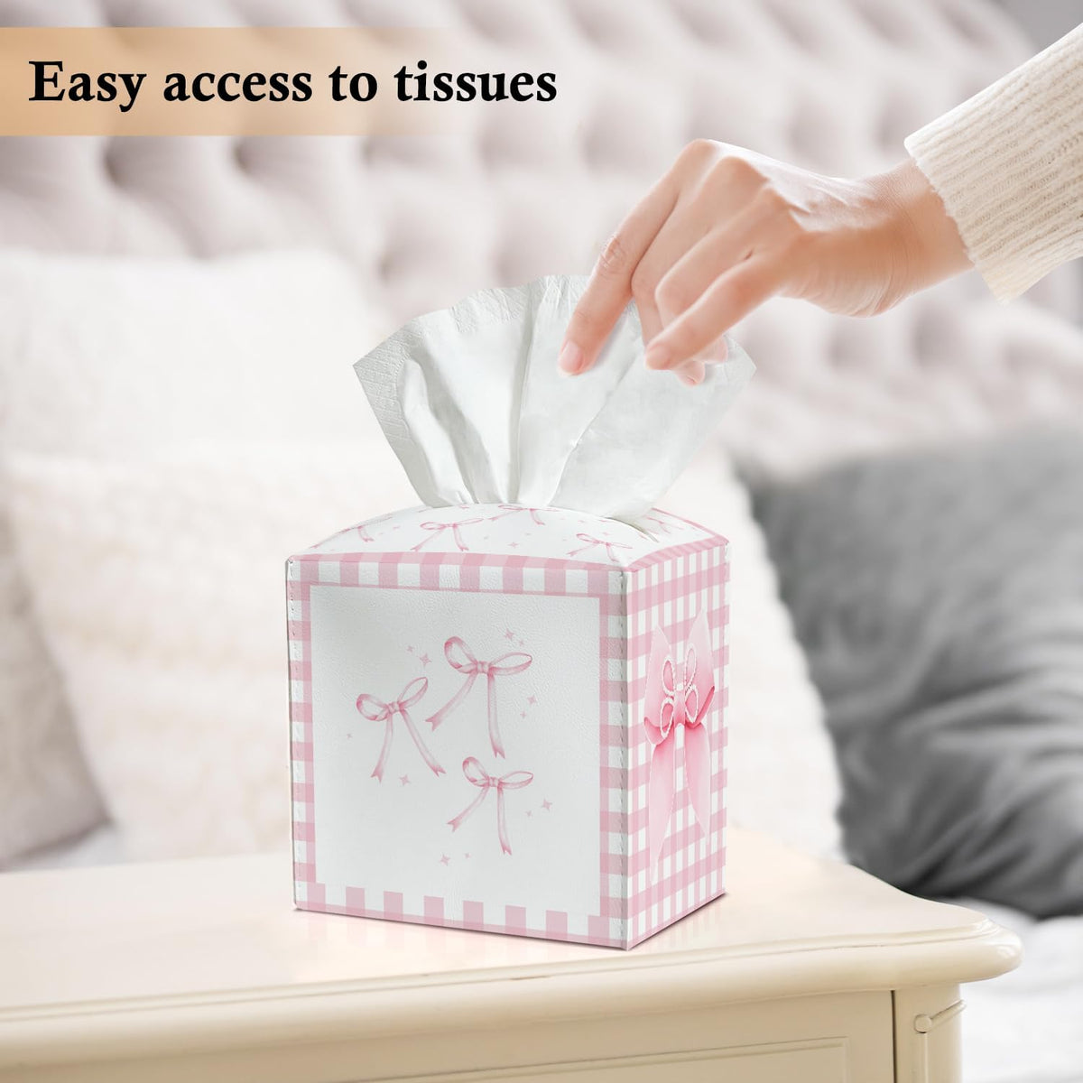Pink Bow Tissue Box Covers Square, Pink and White Checkered Leather Tissue Box Holders Decorative for Car Nightstand Home Office Bathroom Organizer, Square Facial Paper Organizer Home Decor -018