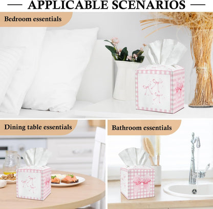 Pink Bow Tissue Box Covers Square, Pink and White Checkered Leather Tissue Box Holders Decorative for Car Nightstand Home Office Bathroom Organizer, Square Facial Paper Organizer Home Decor -018