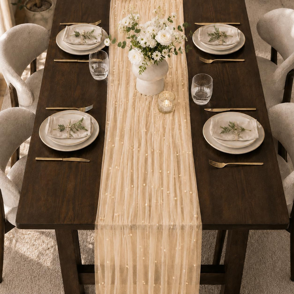 Pearl Tulle Lace Table Runner Boho Rustic Wedding Baby Shower Home Decor