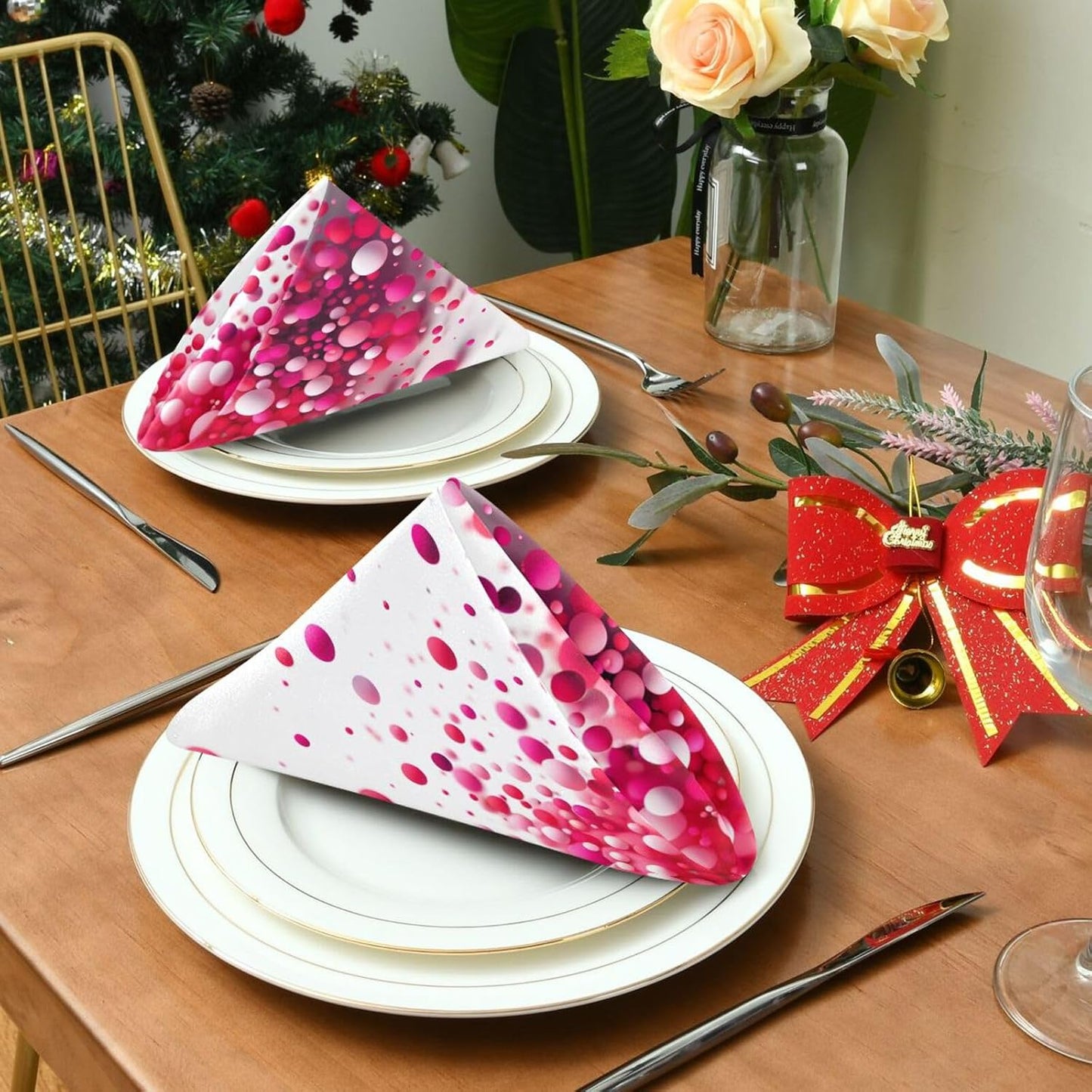 susiyo Pink Polka Dots Cloth Napkins 6 Pcs 20x20 inch Polyester Cocktail Napkins Set for Dinner Decorative