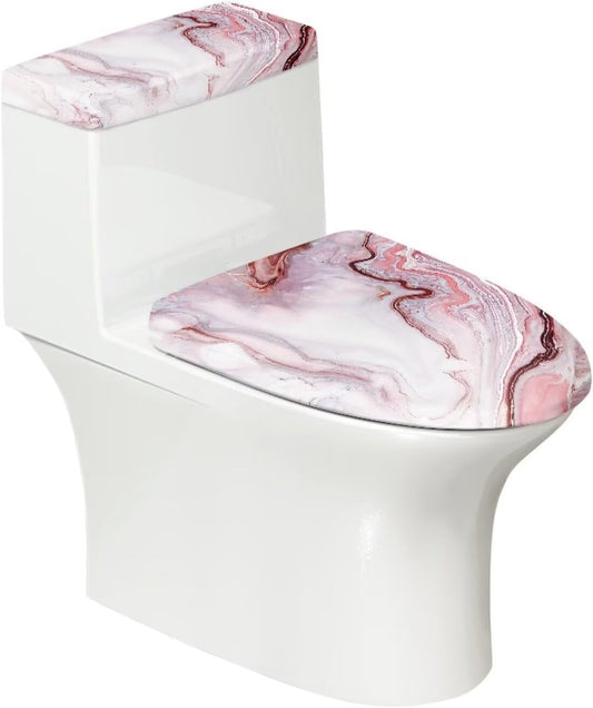 Pink Marble Toilet Seat Cover Set of 2 Elongated Toilet Lid Cover Bathroom Decor for Home Portable for Trip Stylish Toilet Dust Seat Cover