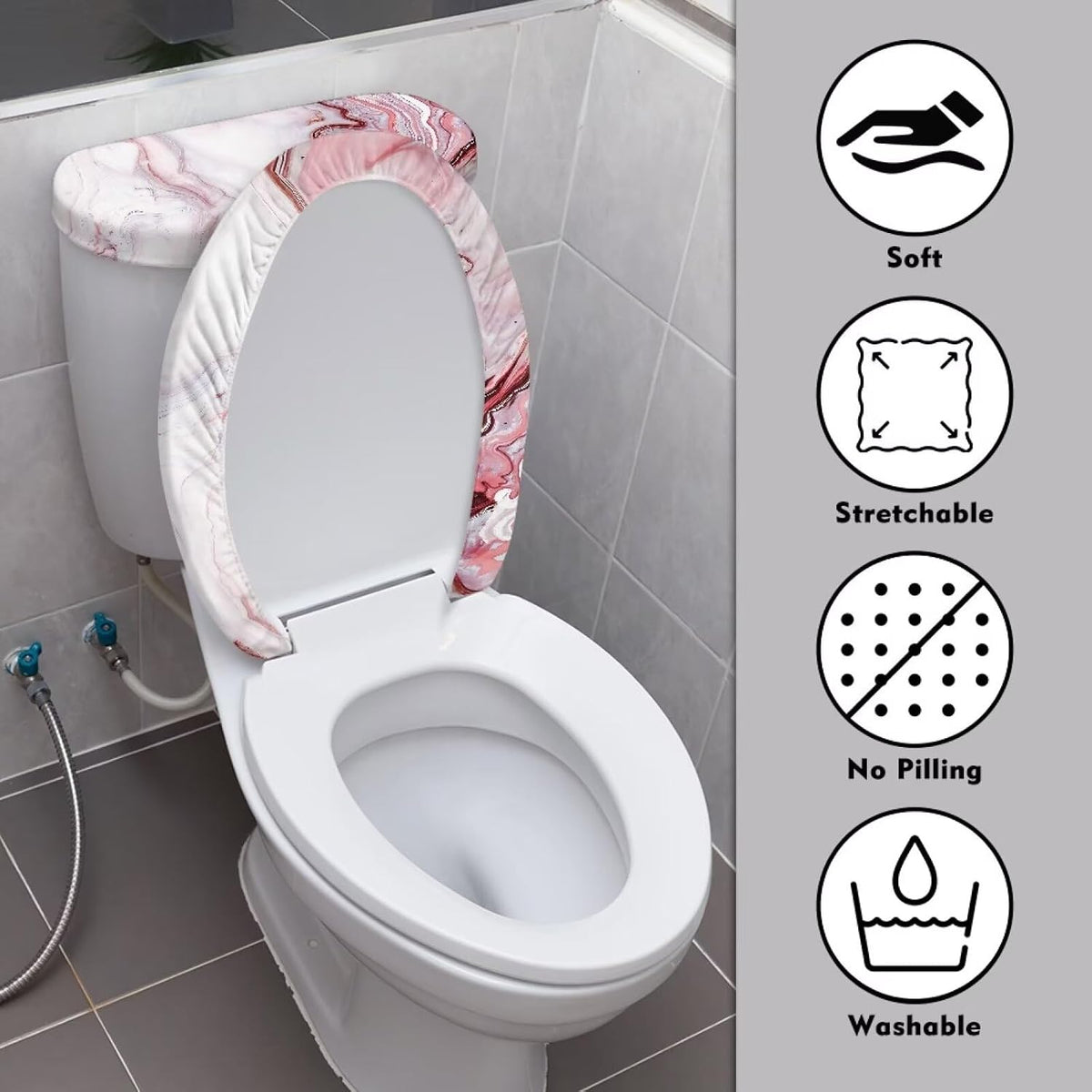 Pink Marble Toilet Seat Cover Set of 2 Elongated Toilet Lid Cover Bathroom Decor for Home Portable for Trip Stylish Toilet Dust Seat Cover