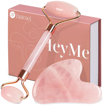 IcyMe Rose Quartz Roller & Gua Sha Facial Tool Set for Depuffing