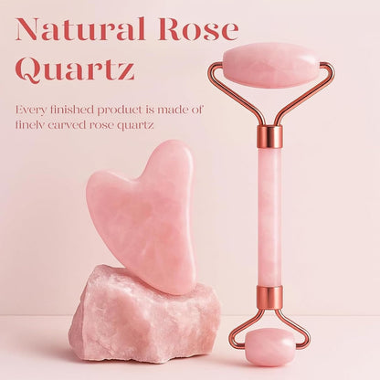 IcyMe Rose Quartz Roller & Gua Sha Facial Tool Set for Depuffing