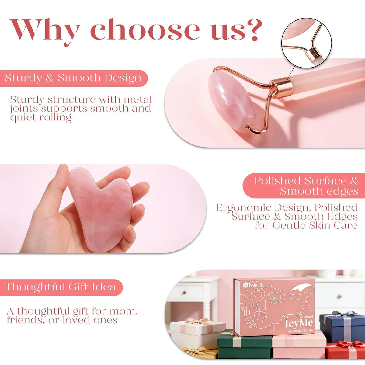 IcyMe Rose Quartz Roller & Gua Sha Facial Tool Set for Depuffing