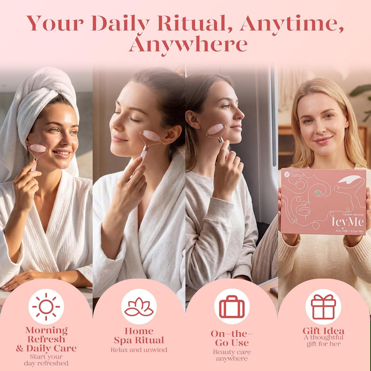 IcyMe Rose Quartz Roller & Gua Sha Facial Tool Set for Depuffing