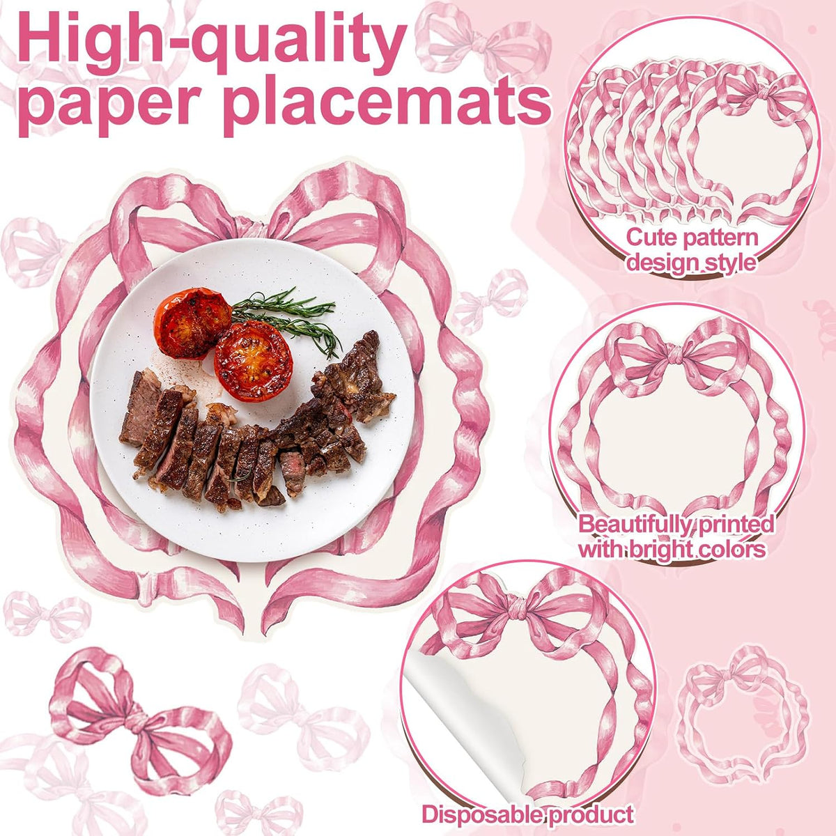 36 Pcs Pink Bow Paper Placemats 12.6 Inch Coquette Birthday Decorations Bow Dinner Mats Bow Party Supplies Disposable Paper Placemats for Birthday Bachelorette Bridal Wedding (Pink)