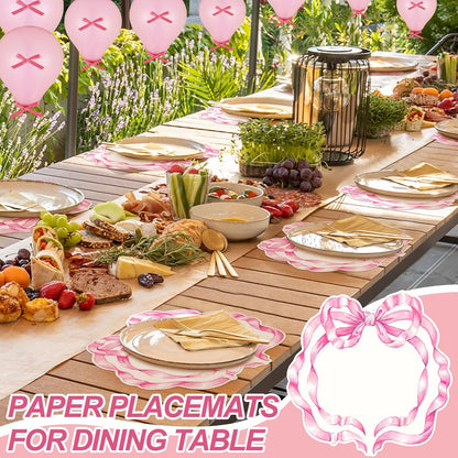 36 Pcs Pink Bow Paper Placemats 12.6 Inch Coquette Birthday Decorations Bow Dinner Mats Bow Party Supplies Disposable Paper Placemats for Birthday Bachelorette Bridal Wedding (Pink)