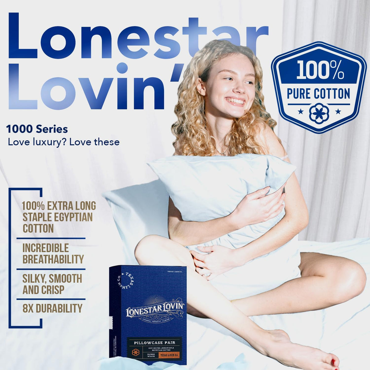 . 100% Egyptian Cotton Standard/Queen Size Pillow Cases Set of 2-1000 Series Lonestar Lovin' Pillow Cover (Blush), Soft, & Cooling Pillowcases Set of 2 for Standard/Queen Pillows