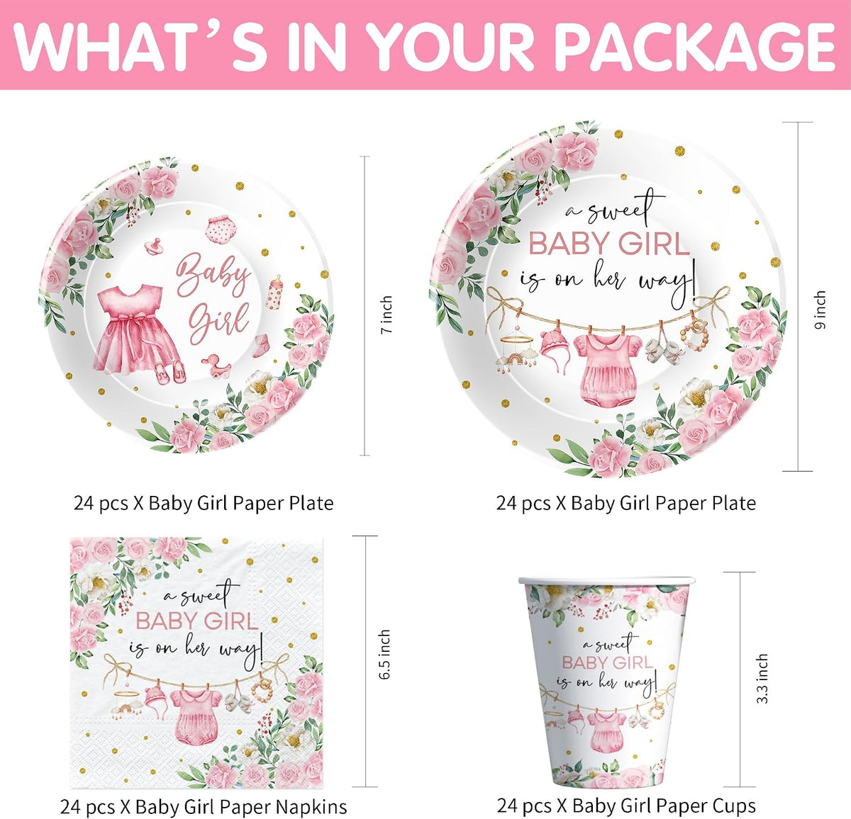 Baby Girl Baby Shower Decorations Supplies, Pink Floral, Serves 24